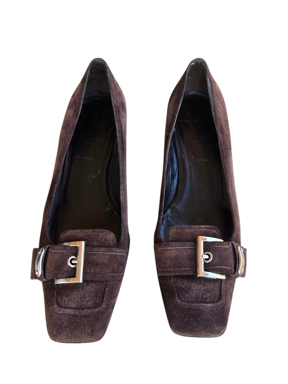 Vintage Prada Brown Suede Square Toe Kitten Heels Buckle Loafer Pumps Y2K Sz 8